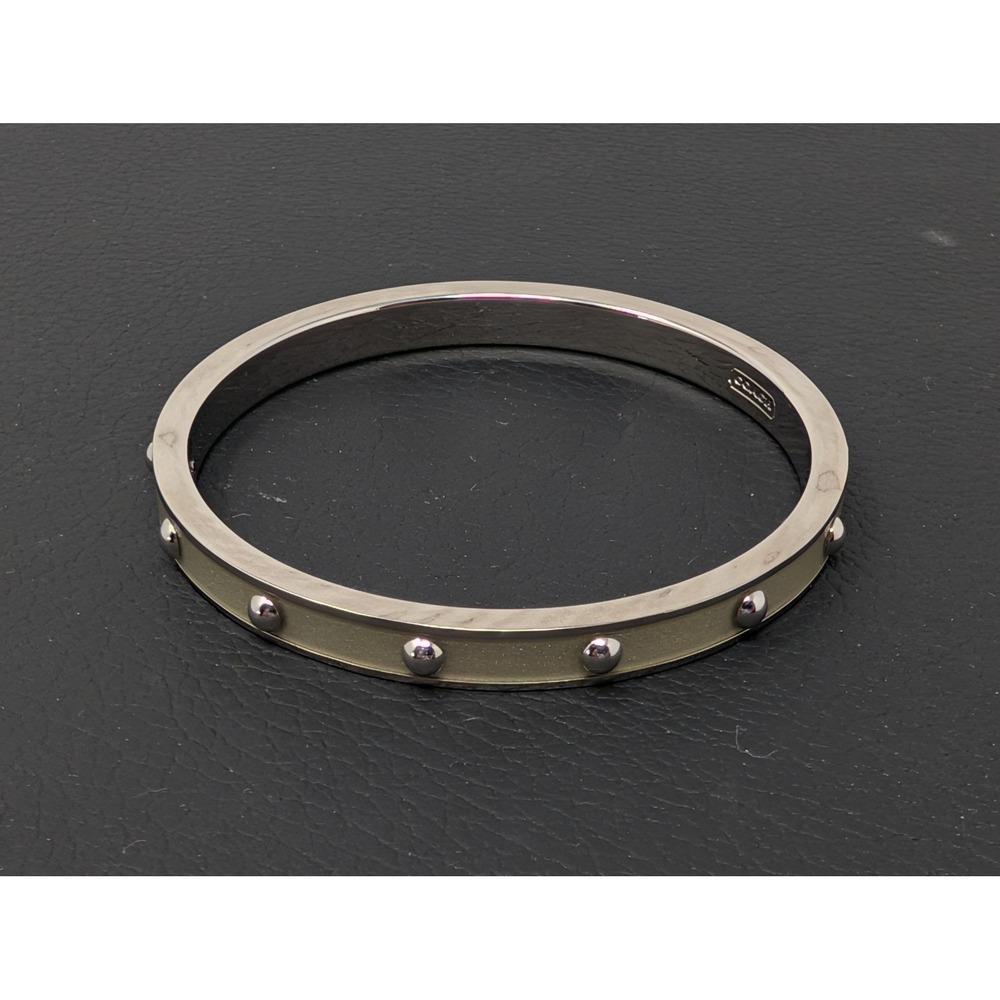 Coach Silver Tone Studded Bangle Bracelet Glitter Inlay Logo Engraved Slip On